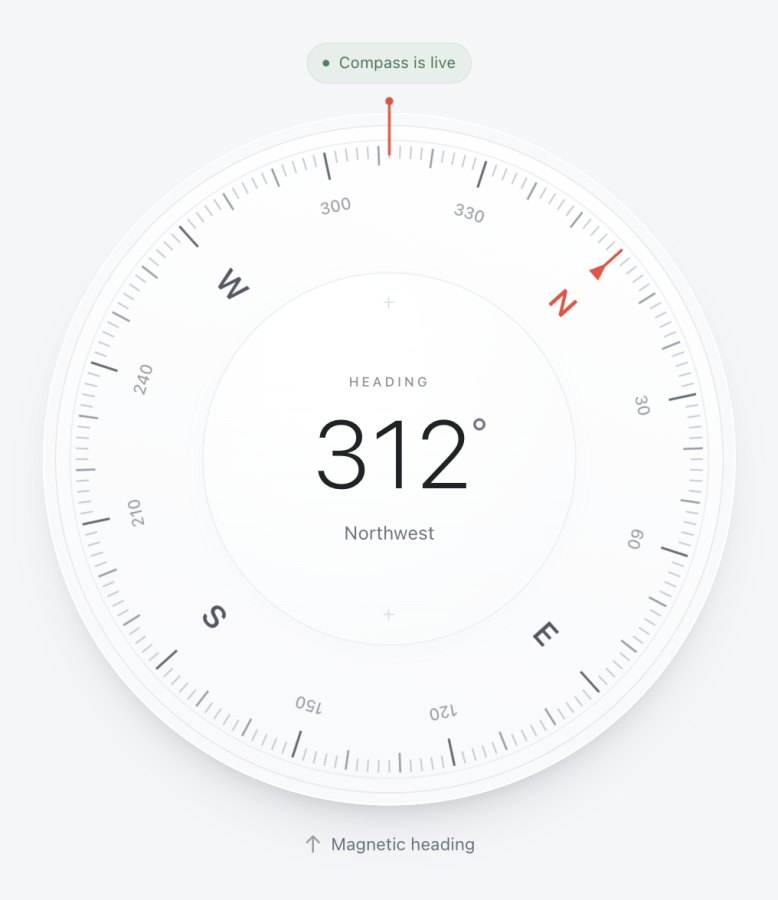 The online compass reading 312 degrees, northwest, with the dial turned so north sits to the upper right.