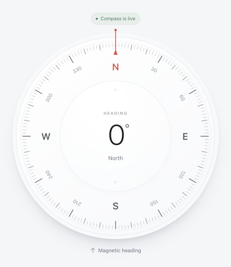 The online compass reading 0 degrees, north, with the red marker lined up with the N on the dial.
