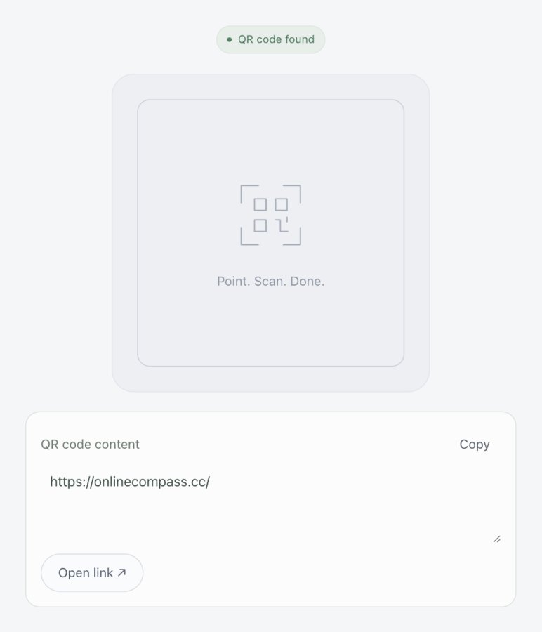 QR-kodelæseren efter scanning, hvor den afkodede webadresse er klar til at blive kopieret eller åbnet.